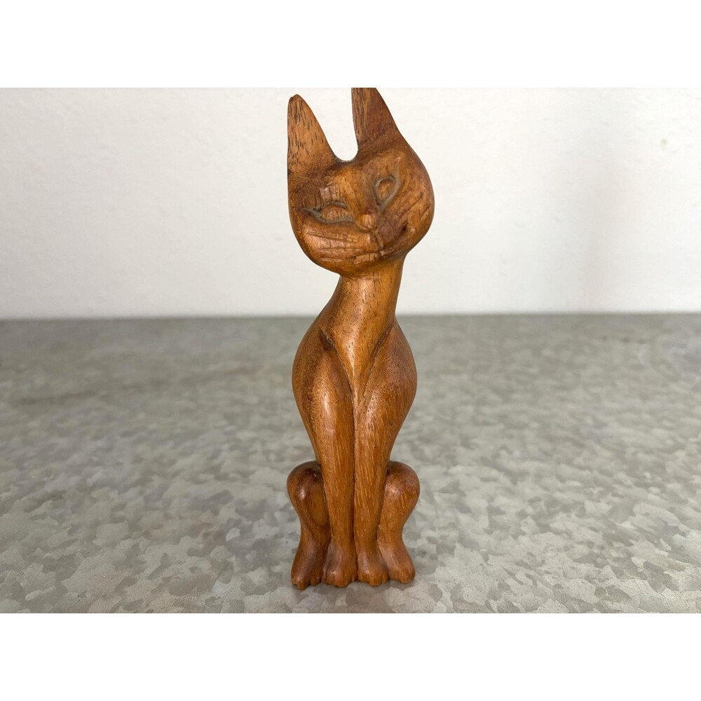 Vintage Wooden Hand-Carved Cat Figurine Siamese Style, Made in Philippines
